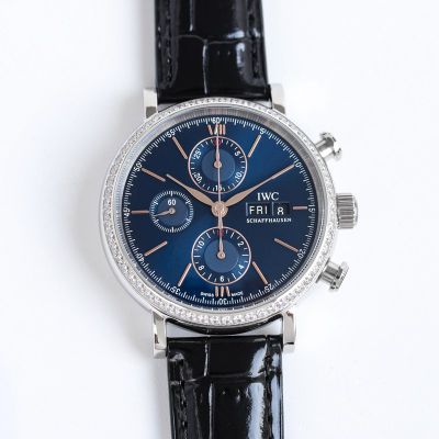 IWC annual calendar replica Portofino 42*13.5mm Dandong 7750 Movement Diamond Bezel Calfskin Leather Strap White/Blue Face Men Watch